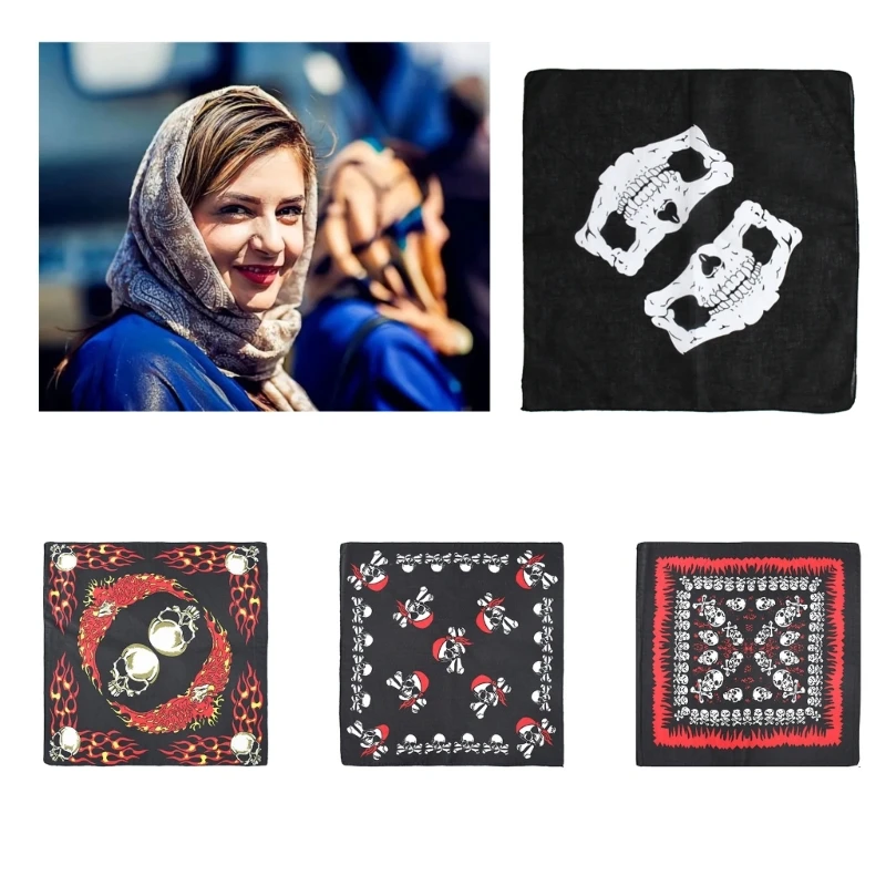 Fashion Hip Hop Skull Bandana Square Scarf Black Printed Headband Unisex Bicycle Headband Hip Hop Men Women Teens