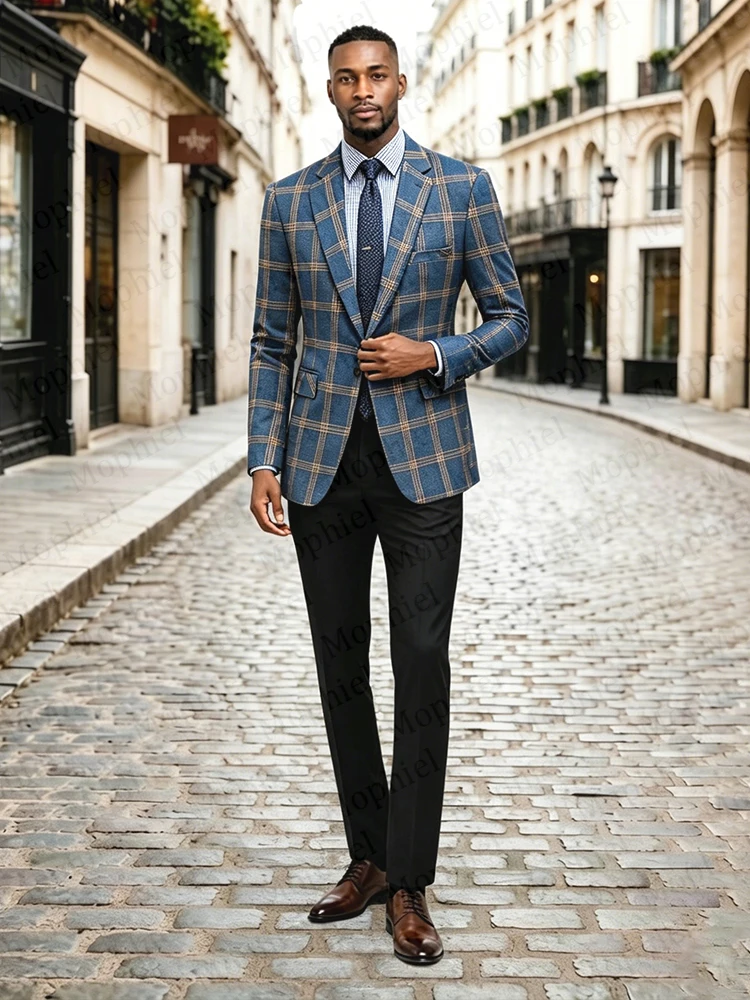 Mophiel Men's Suits Plaid Africa 2 Pieces Notched Lapel One Button High Quality Tuxedo for Man Office Business Blazer Customized