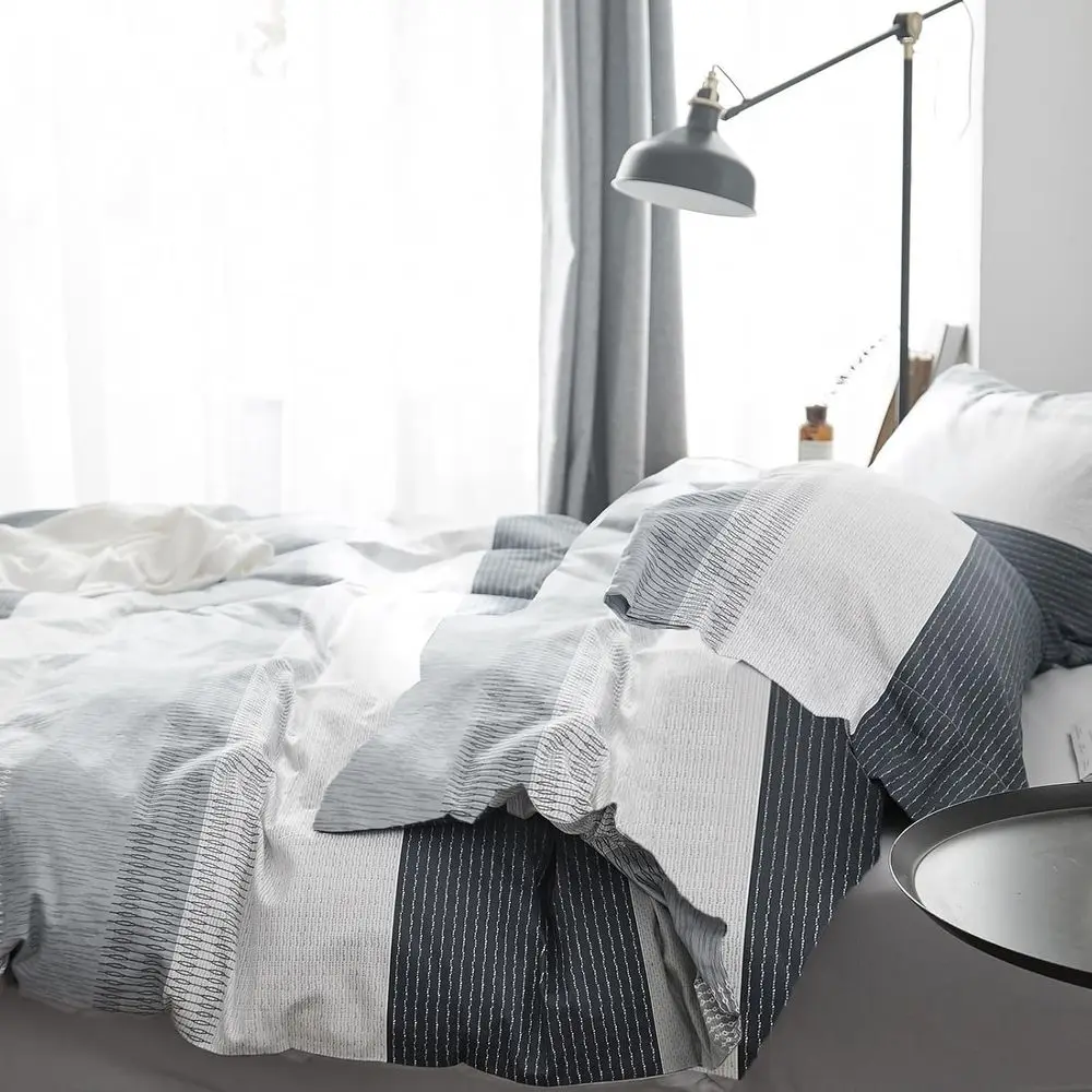 Queen Gray Stripe Comforter Set with Geometric Pattern for Men, Fluffy and All-Season, Includes 1 Comforter & 2 Shams