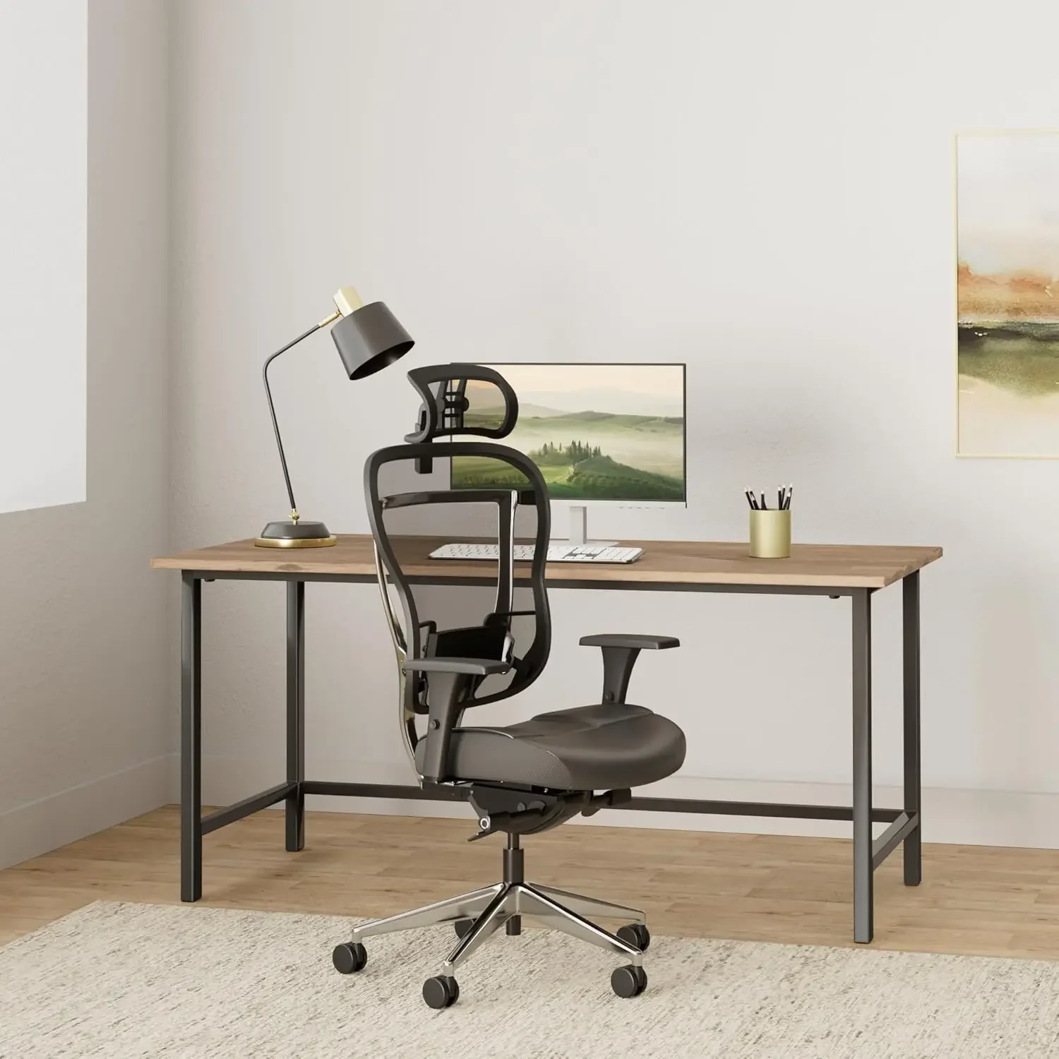 Ergonomic Office Chair, high-back with genuine leather seat, mesh back, adjustable lumbar support, swivel and tilt ( Headrest).