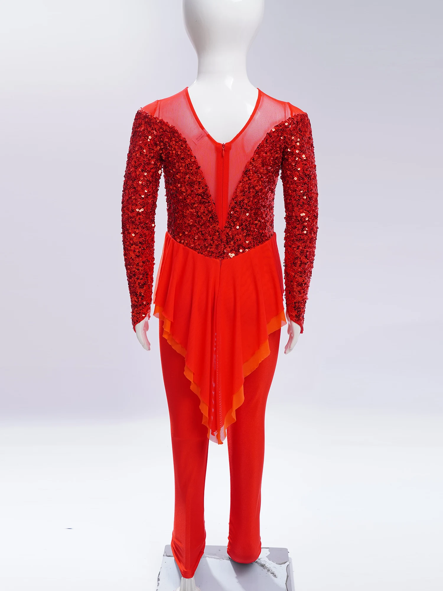 Kids Girls Rhythmic Gymnastics Leotard Shiny Sequins Long Sleeve Ballet Dance Skirted Bodysuit Costume Figure Skating Jumpsuit