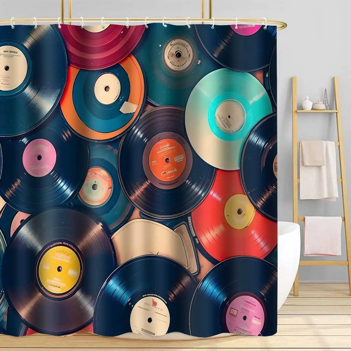 Retro music music record bathroom shower curtain, album bathroom bathtub decorative curtain with 12 hooks 180x210cm
