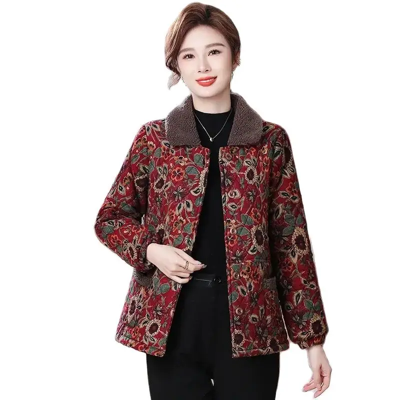 Autumn Winter Cotton Coat Women 2023 New Fashion Thicken Fleece Warm Jacket Elegant Printing Square Collar Outerwear Female