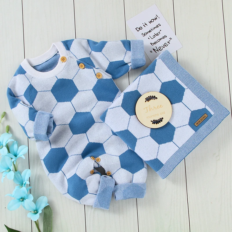 

Fashion Football Pattern Baby Clothes Spring Autumn Long Sleeve Rompers+Cotton Blankets Newborn Boy Girl Outfits 2pcs Knit 0-18m