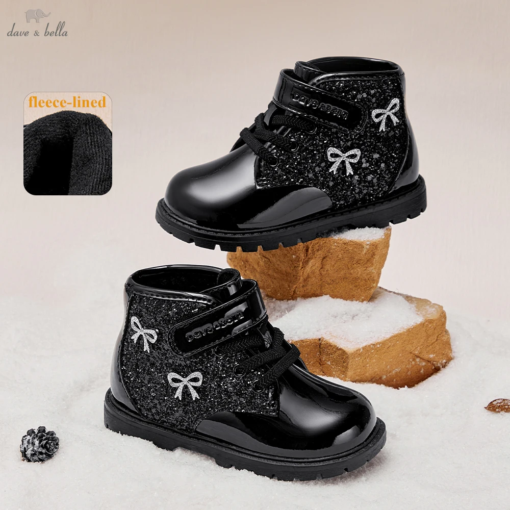 Dave Bella Girls Leather Boots Winter Warm Velvet Plush Shoes Kid Soft Anti Slip Children Black Princess Boots DB4263441