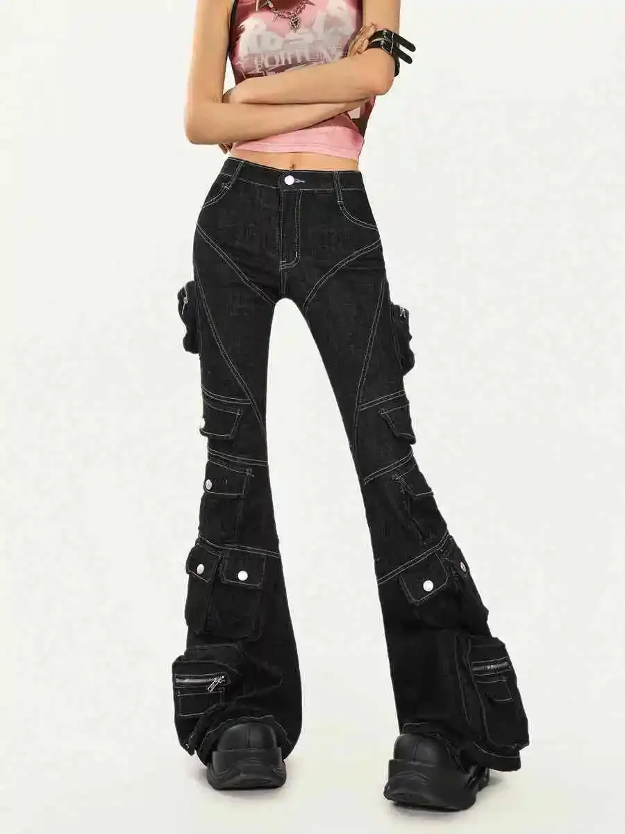 

Vintage Streetwear Mutil Pockets Y2k Gothic Cargo Jeans Women High Waist American Retro Trousers Loose Wide Leg Denim Pants