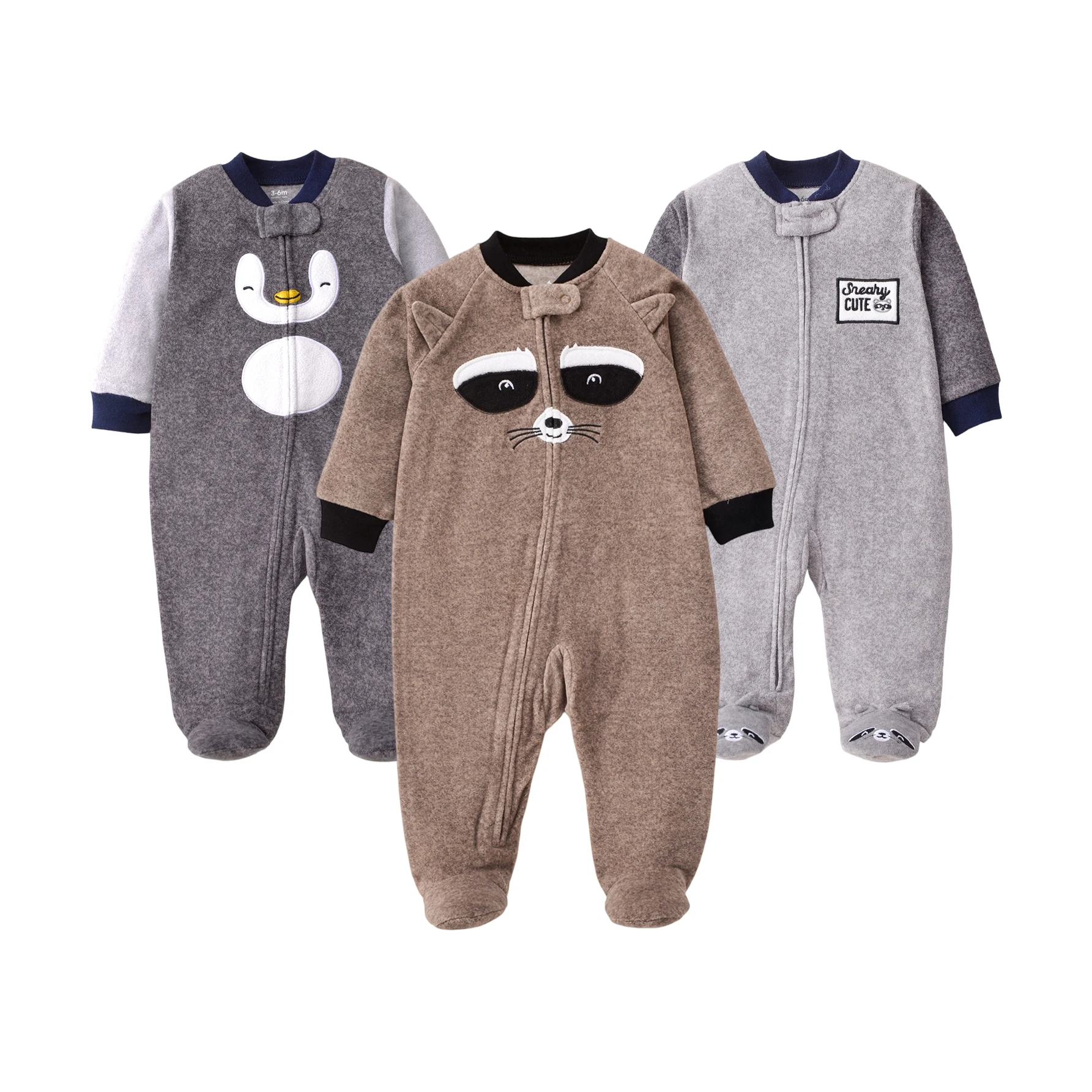Infant Boys Polar Fleece Footed Romper Raccoon Penguin Embroidery Contrast Sleeve Zip Jumpsuit Autumn Winter Warm Baby Clothes
