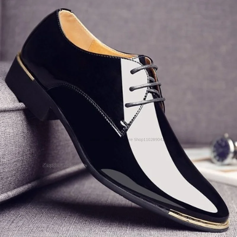 

Metal Bordered Black Patent Leather Men Shoes Strappy Decor Formal High Quality Male's Dress Shoes Novel Fashion Low Top Shoes