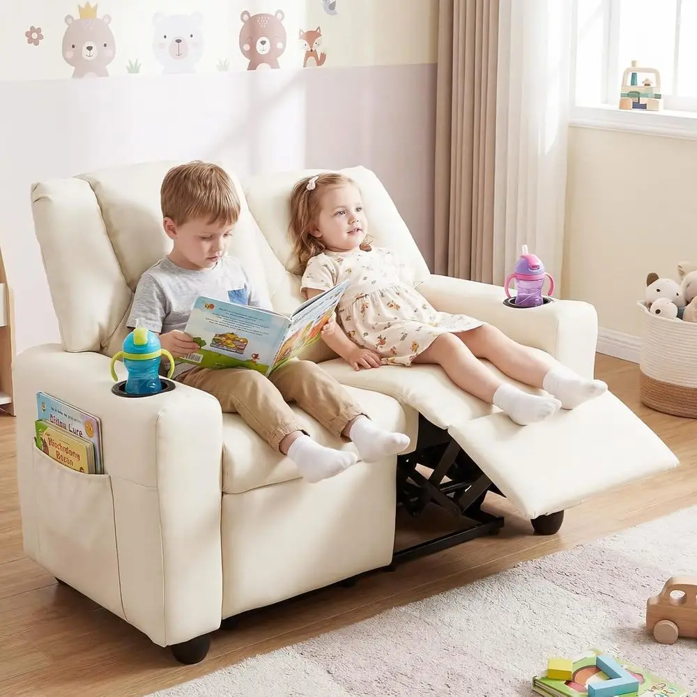 2-Seater Kids Recliner, PU Leather Kids Loveseat w/2 Cup Holders & 2 Side Storage kets, Toddler Lounge Soa Chair Couch w/Adjusta