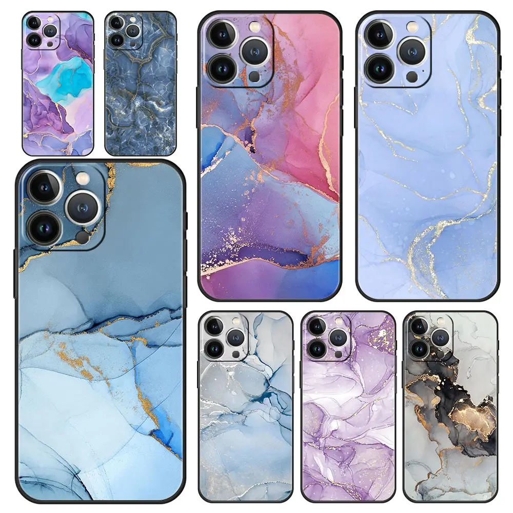 Luxury Phone Case For iPhone 16 15 14 11 Pro Max 13 12 XS X XR 7 8 Plus Shockproof Marble Ink wash Cover Protect Funda