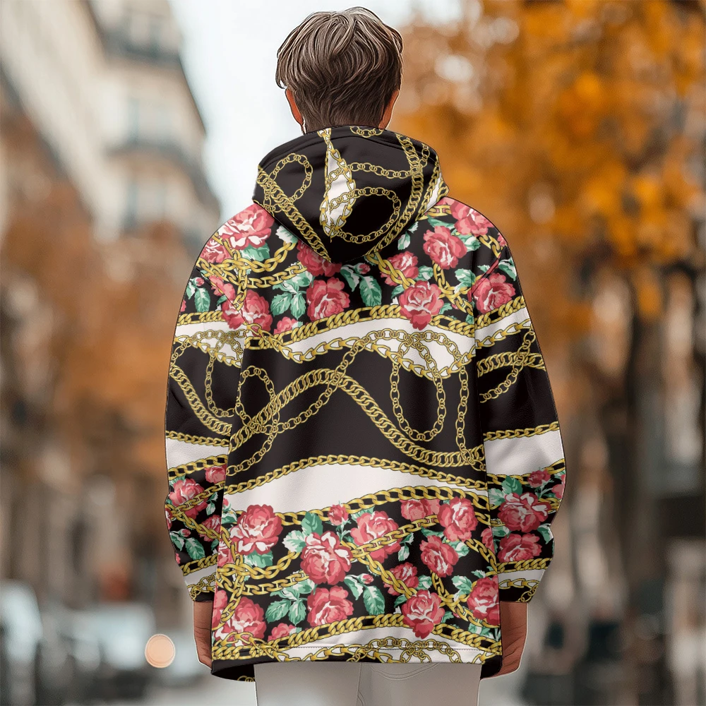 Man winter clothing, New in Down Coats, Yellow chain graffiti flower cotton-padded jacket clothing, feather print pocket zipper