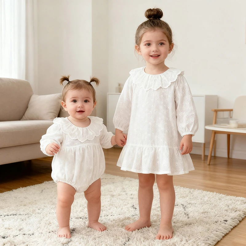 Herbst 2025, Neue Kinder Baby Mädchen Party Kleid Kind Lange Ärmeln Prinzessin Kleider Frühling Baumwolle Einfarbig Stickerei Mädchen Kleid