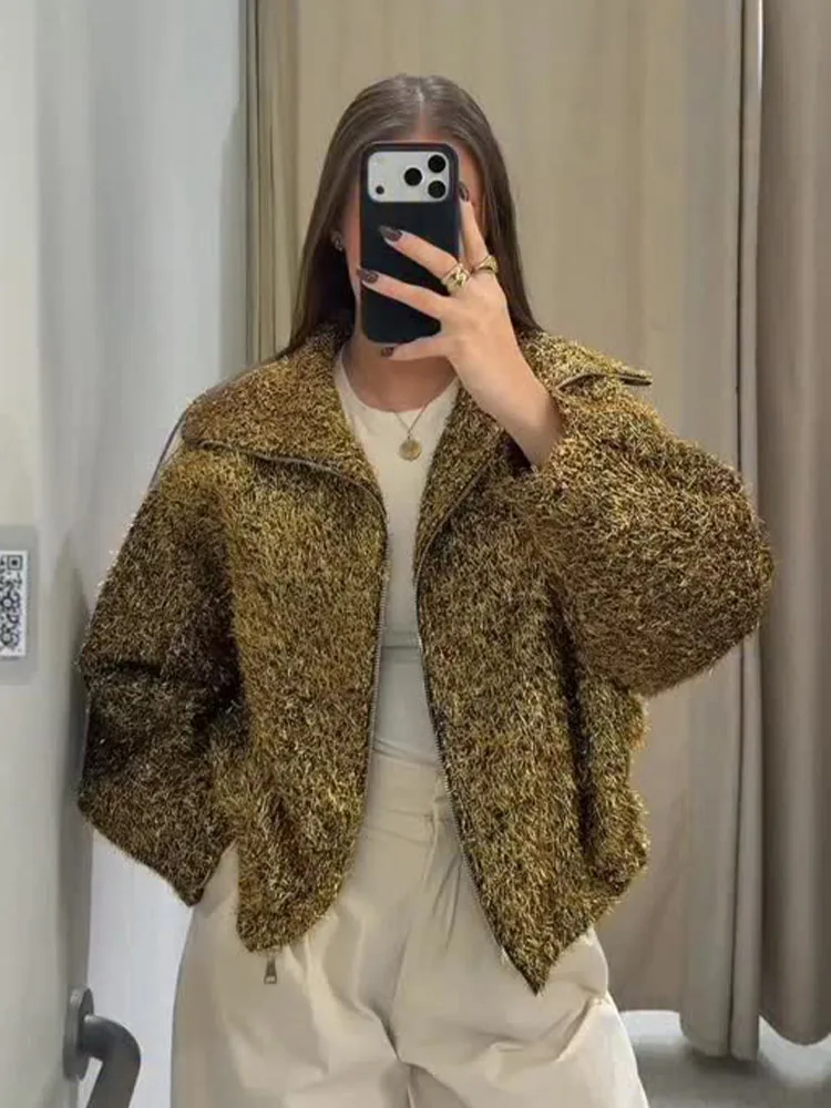 

HH Women Winter Fashion Metallic Color Line Turn-down Collar Long Sleeve Jacket Female Street Casual Zipper Pockets Pilot Coat