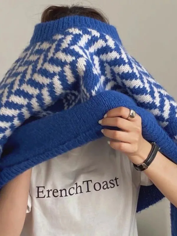 Maglione floreale blu Vestibilità ampia Top lavorato a maglia da donna Autunno Inverno Faion T-shirt casual comoda per capispalla