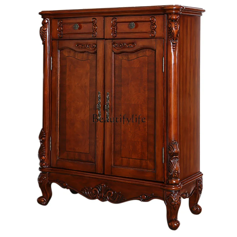 

American solid wood porch cabinet European large-capacity retro carved ultra-thin locker