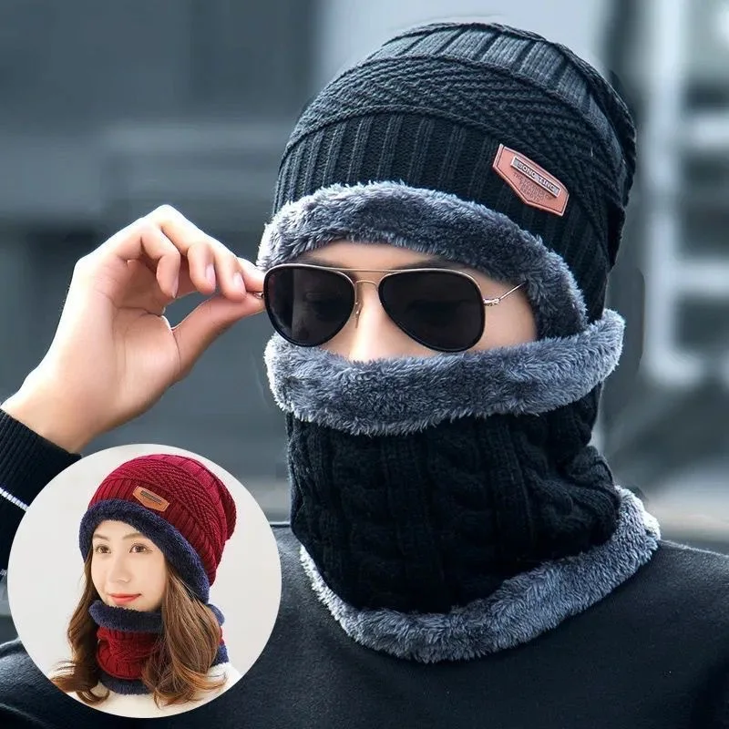 

Winter Knitted Beanies Hat For Women Men Thickening Plus Velvet Neck Protect Cap Outdoor Cycline Ski Hat Woolen Hat