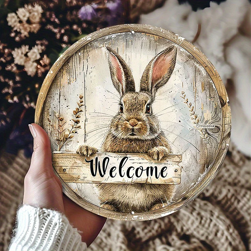 2D Vintage Metal Rabbit Welcome Sign Round Aluminum Wall Decor for Home Garden Cafe Farm Easter Ornament Hanging Door Plate Stor view 3