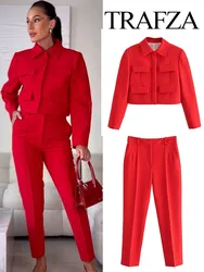 TRAFZA-2-Piece Terno de calças finas para mulheres, peito único, gola virada para baixo, casacos vermelhos, senhora casual do escritório, moda feminina, outono e inverno