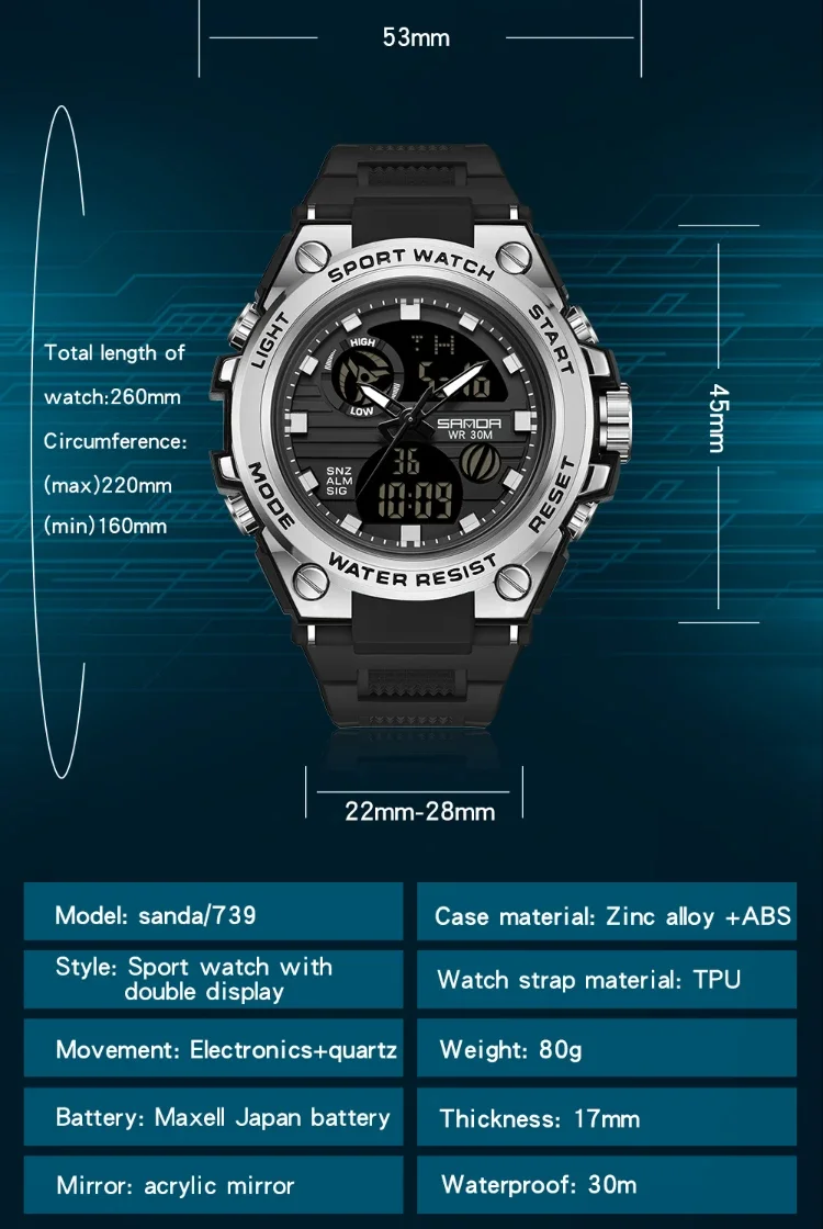 SANDA 739 Luxury Digital Quartz Watch for Men Military Army Waterproof Sports Wristwatches LED Dual Display Mens Reloj Hombre
