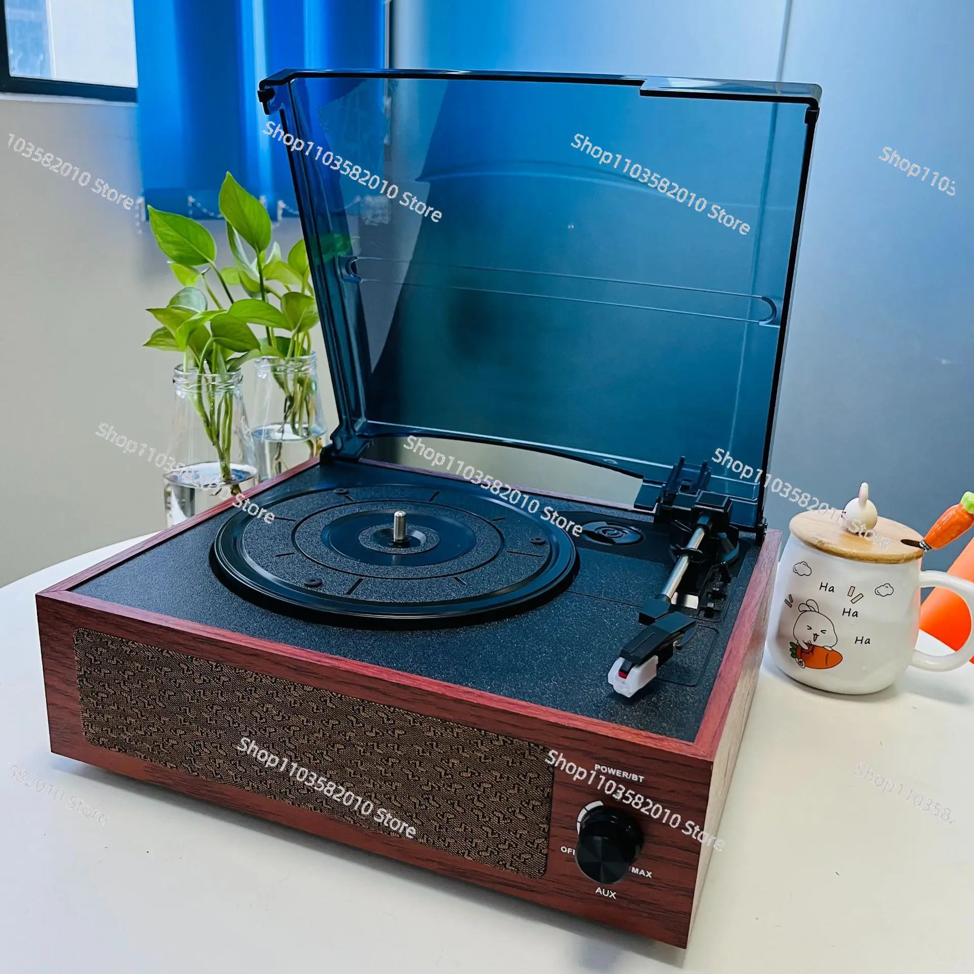Record player stereo living room fashionable retro wooden phonograph with cover dustproof bluetooth speaker gift