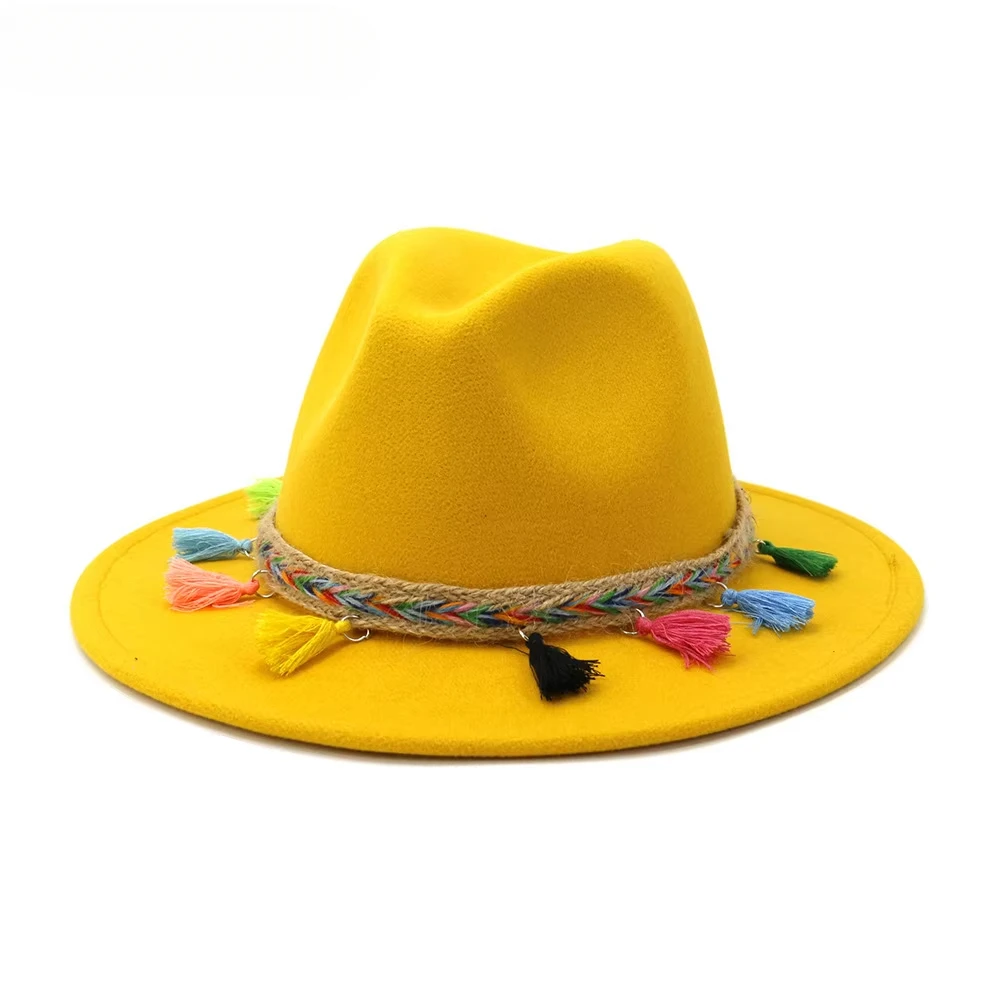 HOAREE Fedora blanca, cinturón colorido, sombrero de fieltro de diseño a la moda para mujer, sombrero Trilby con borlas, sombrero Fedora de viaje Panamá