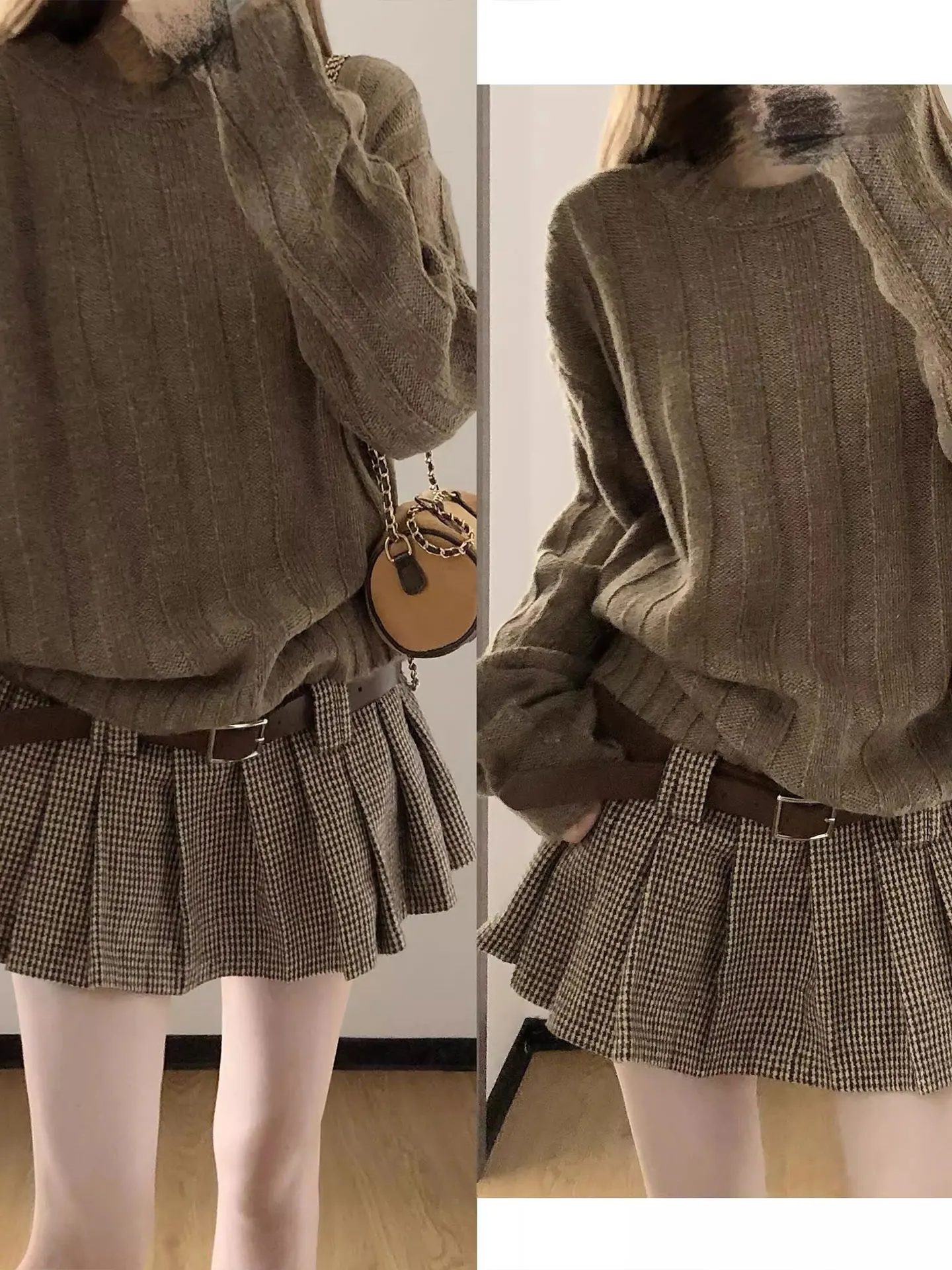 Retro American Plaid A-Line  Skirt Women's Autumn Winter Woolen Pleated Skirt Low Waist Short Skirt Half Body Skirt