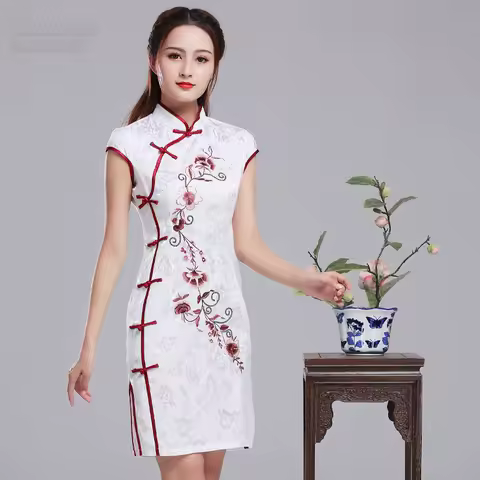 Embroidered Modified Cheongsam Dress Chinese Style Retro Stand Collar Buckle Evening Elegant Silk White Slim Short Vestidos