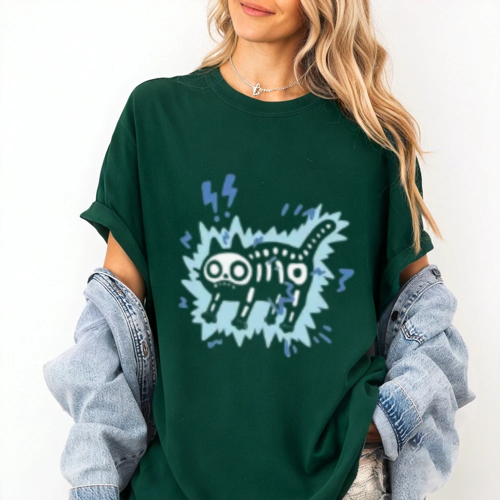 T-shirt streetwear con grafica Lightning Cat, top casual in puro cotone alla moda da donna con stampa tagliente, ideale per abiti fantastici e divertenti