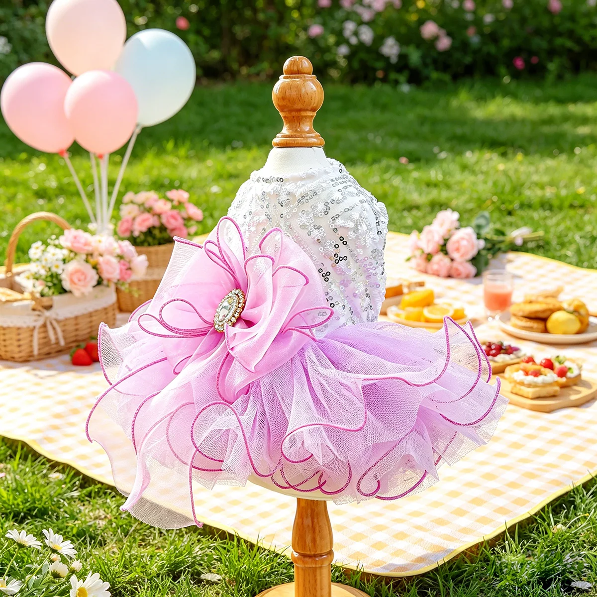 Luxuriöses Pailletten-Tüllkleid, Traumhaftes Hochzeitsoutfit für Kleine Hunde und Katzen, Passend für Teddy, Bichon, Pomeranian, Yorkshire, Malteser – Detail 7