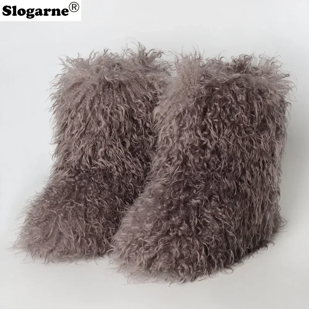 Ladies Trendy Mongolian Fur Boots Women Fahsion Teddy Fur Snow Boots Fluffy Warm Faux Wool Y2K Winter Shoes Plush Warm Footwear image 3