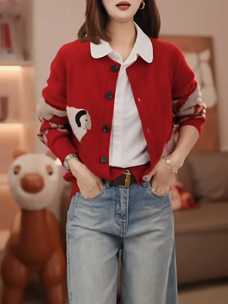 

Корейский вязаный кардиган большого размера с красной вышивкой, универсальный, осенняя новинка, теплый, с длинными рукавами, женский свитер