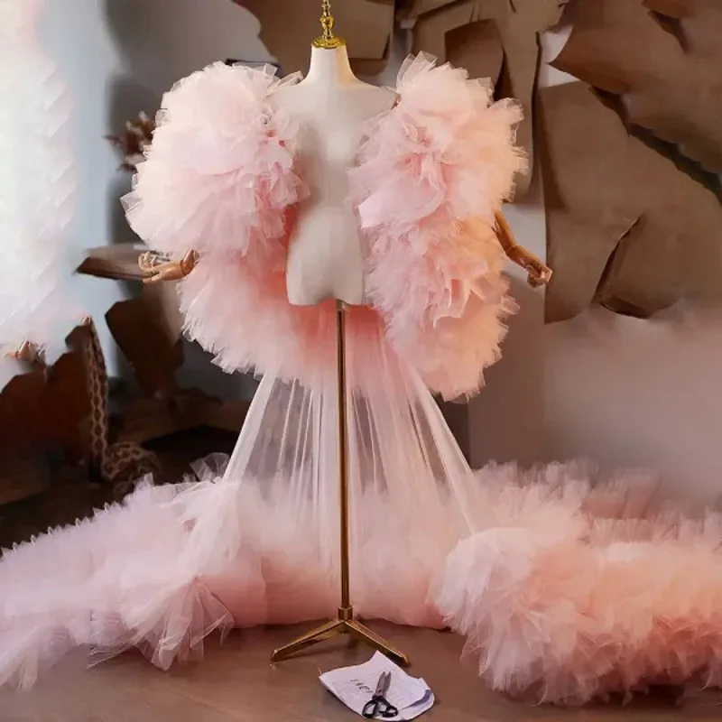 Puffy plissado tule robe vestido rosa ver através da moda feminina casaco jaqueta babados fofo feminino jaquetas em camadas exuberante personalizado