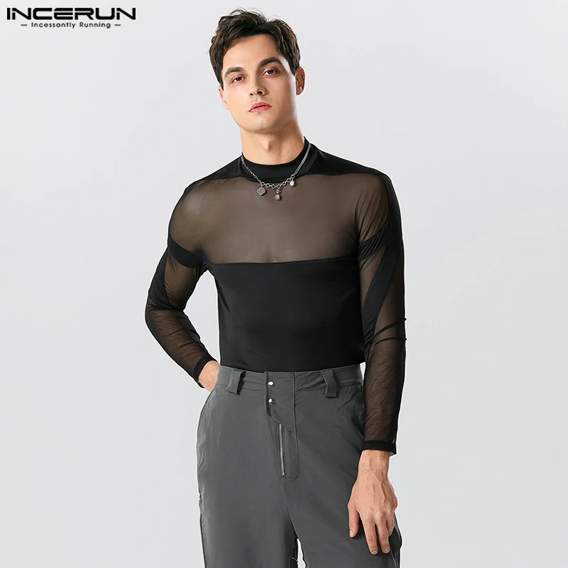

INCERUN 2023 Sexy Homewear Rompers New Men's See-through Mesh Splice Bodysuits Casual Solid Knitted Long Sleeve Jumpsuits S-5XL