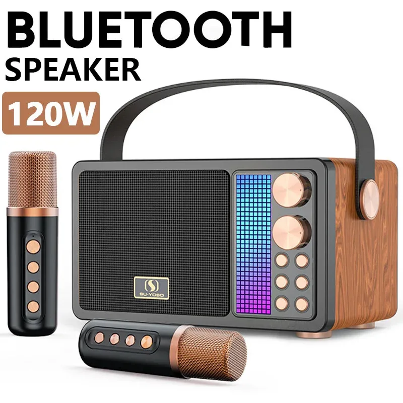 

Portable Outdoor Bluetooth Speaker Home Karaoke System with Two Microphones 120W High Power Subwoofer RGB Light Soundbox TF Card