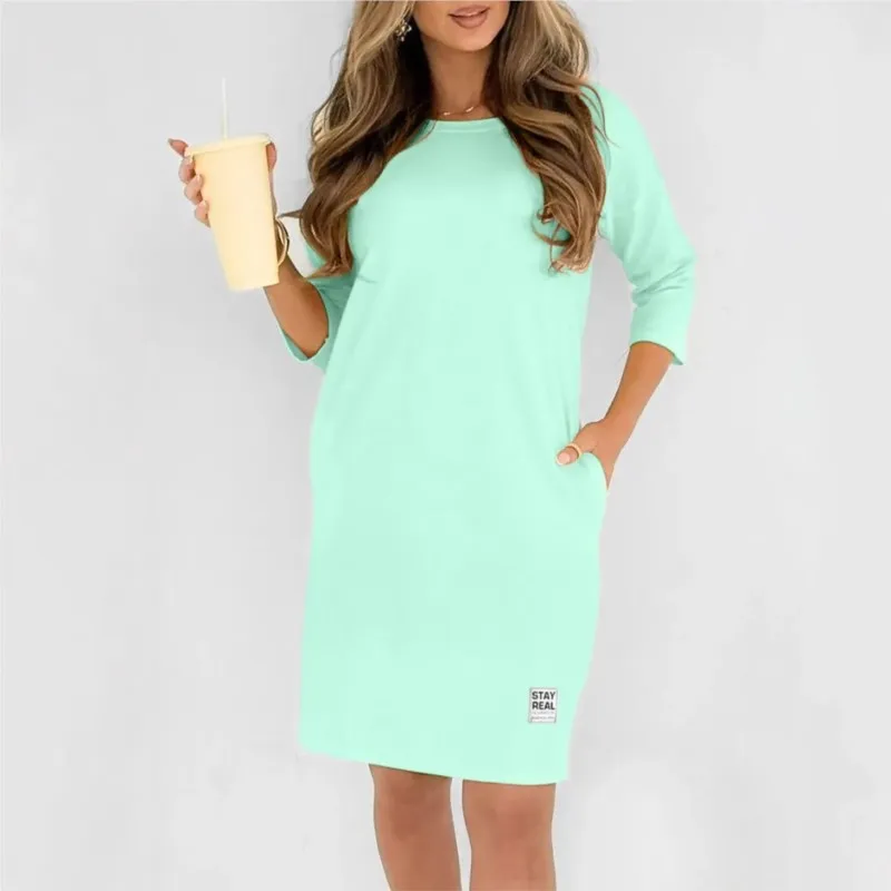 2025 ฤดูร้อนสีทึบเสื้อยืดชุดรอบคอPullover Quarter Sleeveตรงหลวมชุดลําลองชุดสําหรับสตรี