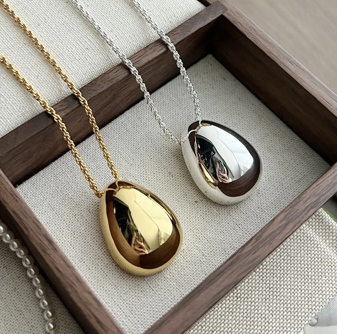 Metal Smooth Large Oval Water Drop Pendant Necklace for Women Girls Stainless Steel Long Sweater Chain Charm Jewelry Gifts