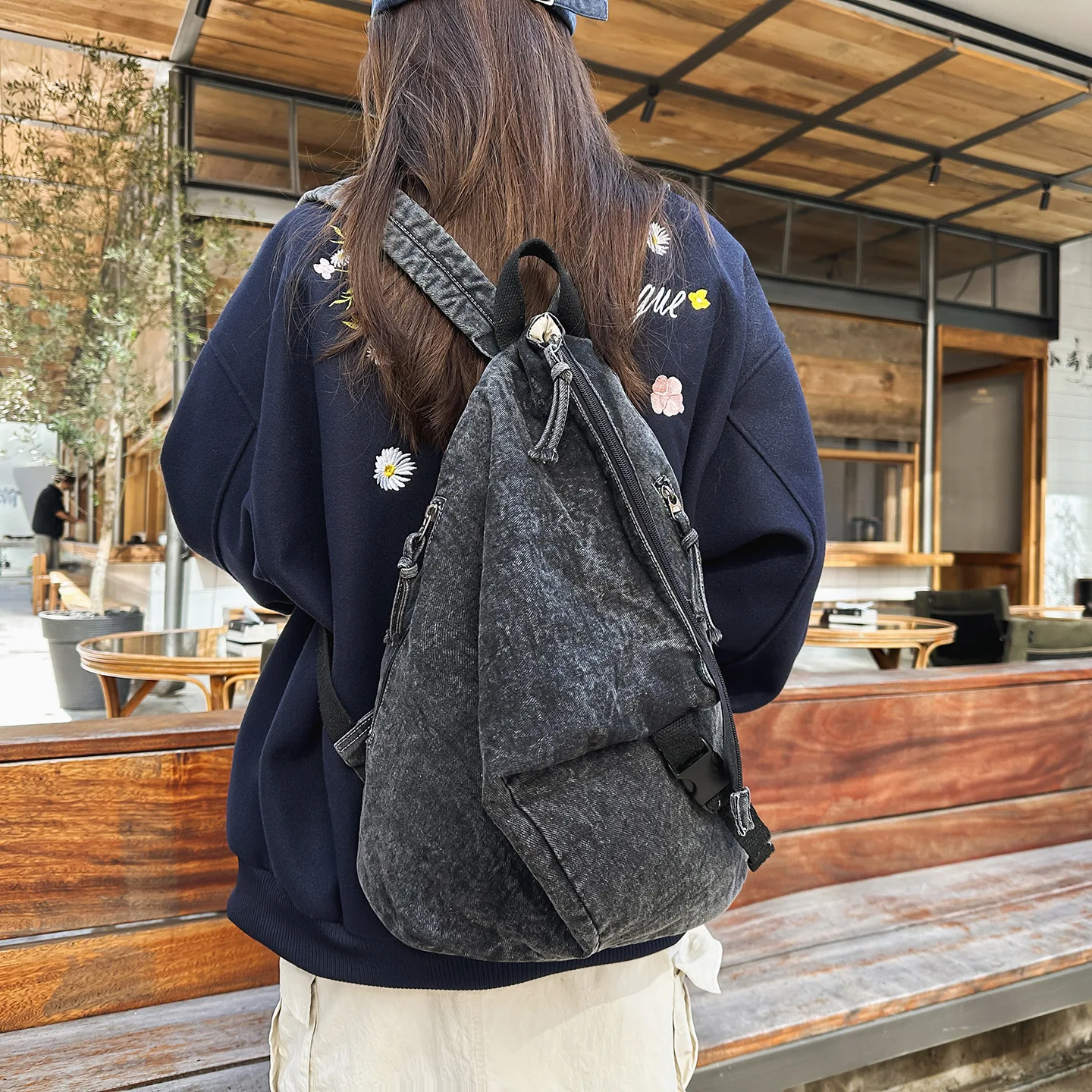 Picture 4: Large-capacity distressed denim backpack, vintage student schoolbag, lockable travel crossbody bag