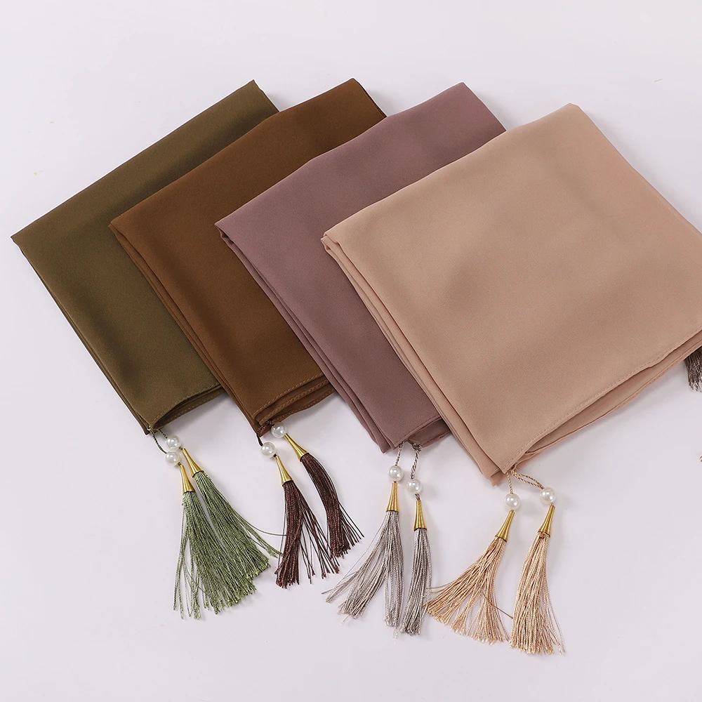 

Hot Sale Chiffon Hijab Beaded Pearls Scarf With Tassel Solid Color Muslim Shawls Headband Islamic Headscarf Foulard for Party