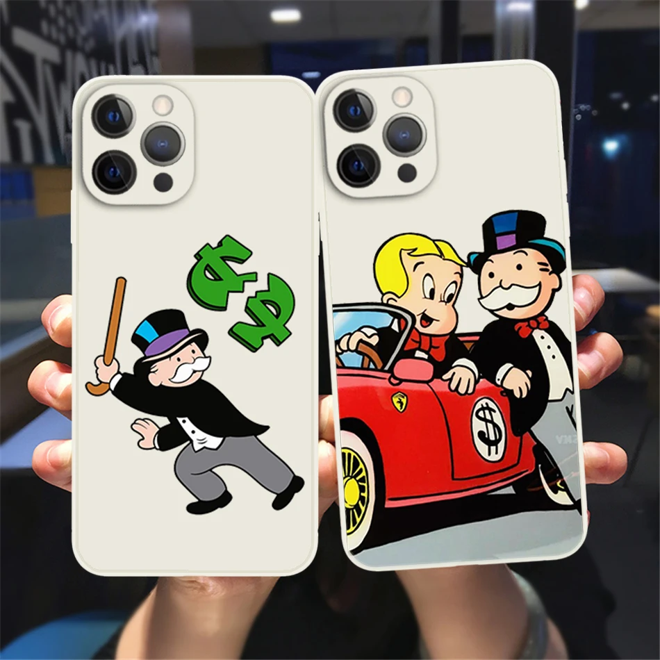 Catoon Dollar Alec Monopoly Phone Case For iPhone15 11 12 13 Pro Max X XR XS MAX X 8 7 Plus 14Mini White soft Candy colors case