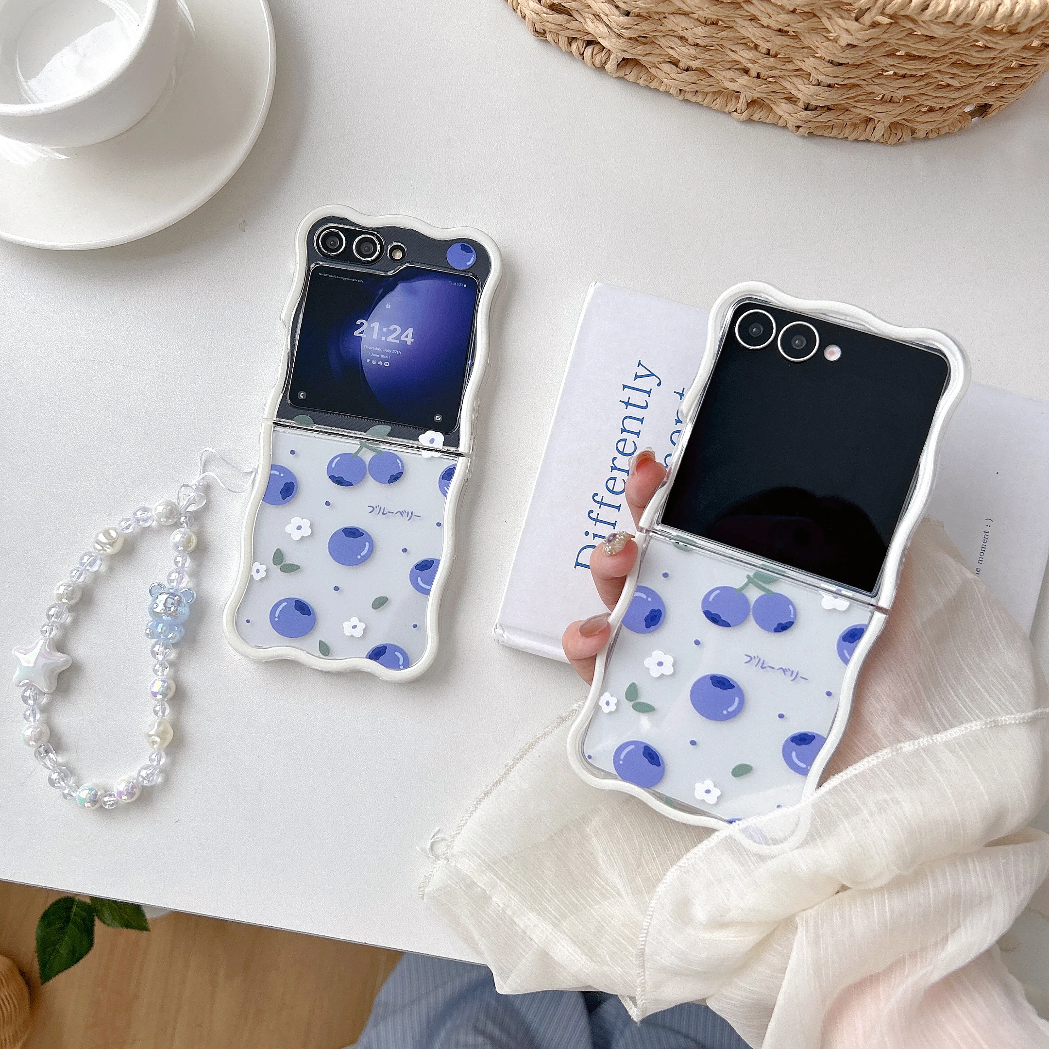 Wave Phone Cover For Samsung Galaxy Z Flip 7 6 5 4 3 Blue Fruit Blueberries With Lanyard Chain Soft Tpu Shockproof Phone Case
