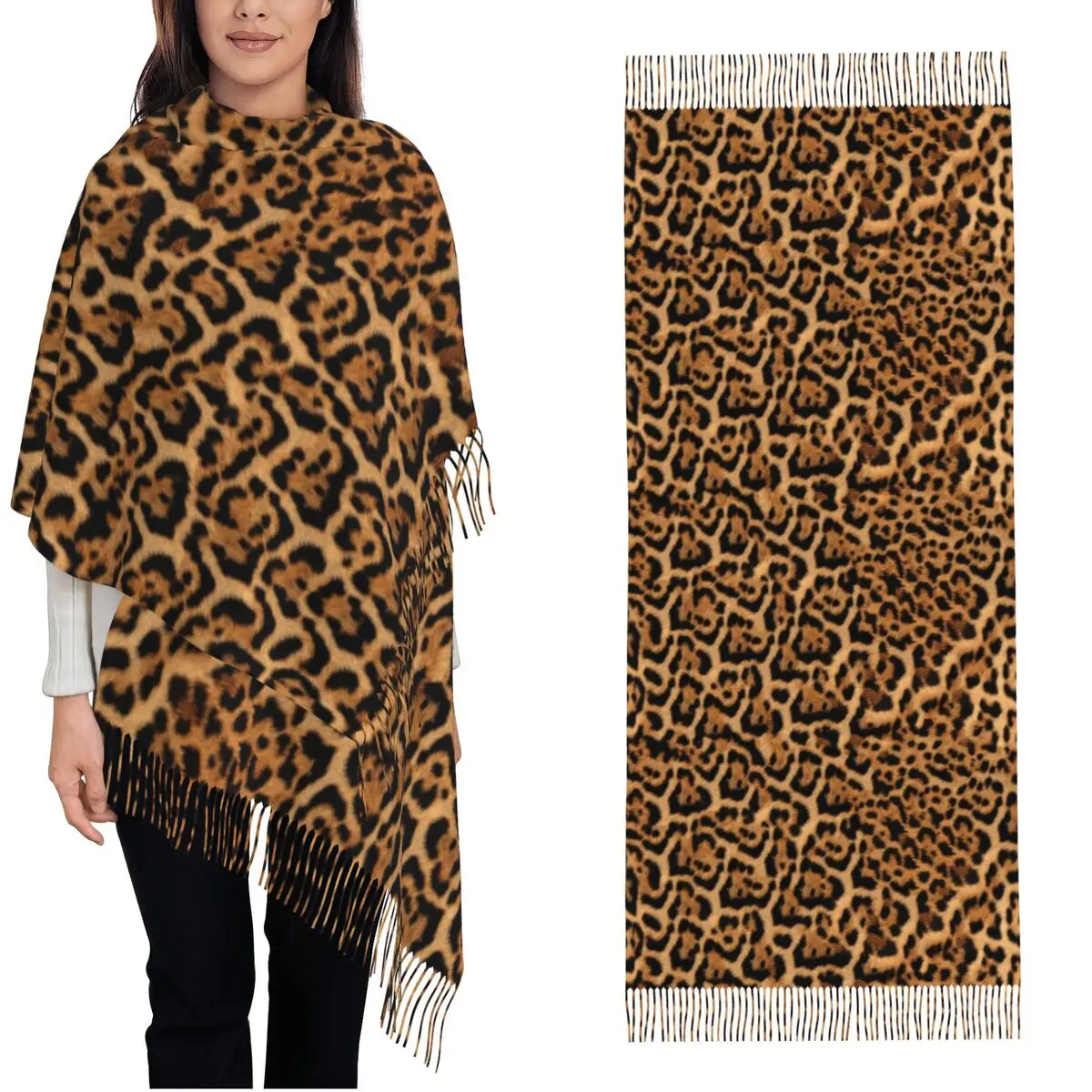 Women's Scarf with Tassel Panthera Jaguar Fur Pattern Long Super Soft Shawl Wrap Leopard Cheetah Skin Texture Pashmina Scarves