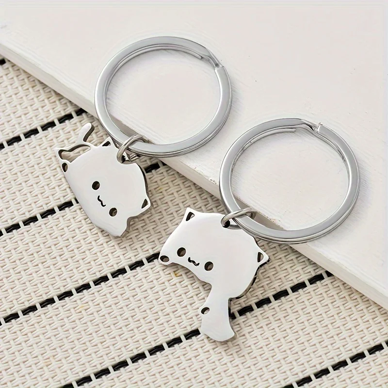 1 pair of sweet and cute cartoon cat keychains, made of stainless steel, suitable for decorating couple charter keys