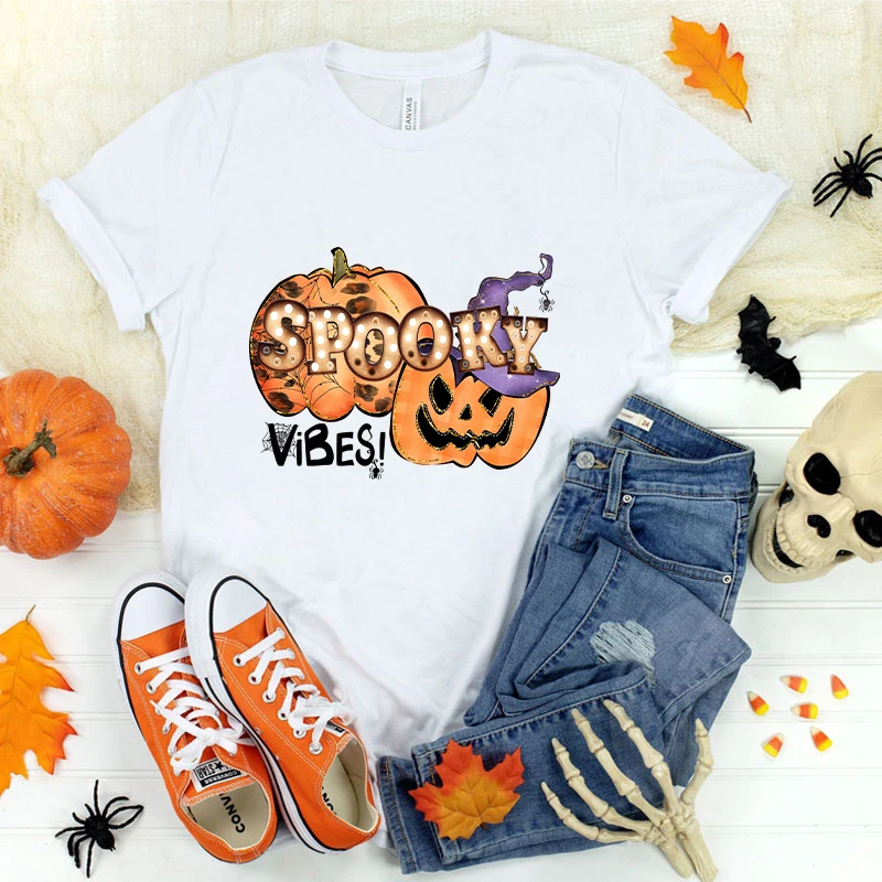 

(Premium T-shirt)Halloween Pumpkin Spooky Vibes Short Sleeve Print T Shirts Women Causal Harajuku Tops Funny T Shirt