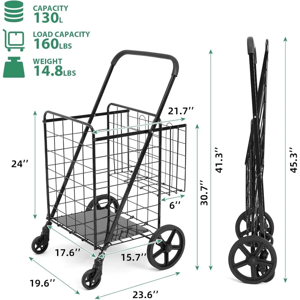 Robuuste opvouwbare gereedschapswagen met dubbele mand, handtrolley met stalen frame van 33,6 gallon, capaciteit van 160 lbs en 360 °   Wartel voor M