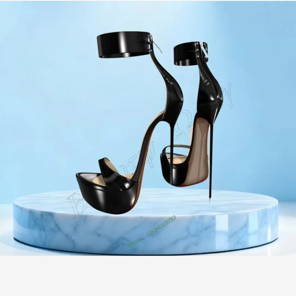 

Black Patent Leather Back Zipper Sandals Solid Thin High Spike High Heel Shoes Knee Sexy Women Shoes New Zapatos Para Mujere
