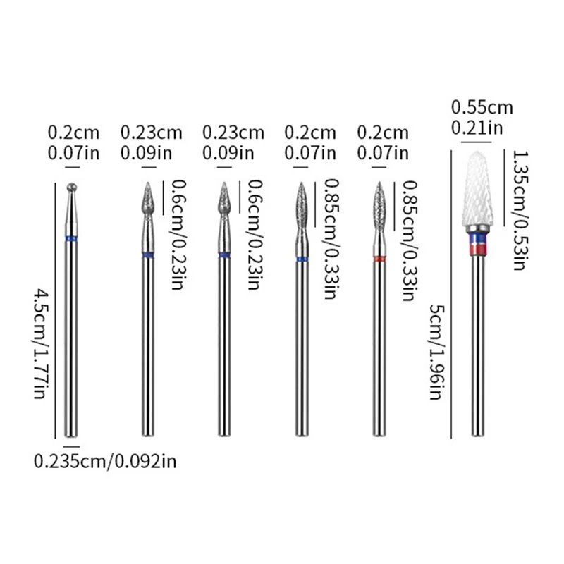 6pcs/box  Head Electric Manicure Set Nail Art Tools Quartz Diamond Sand Nail Files Drill Cuticle Polishing Bit Nail Grinding