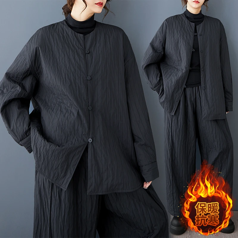 

Autumn Winter Loose Double Layer Cotton Jaet with Filling Casual Pants Vintage Sle Pleated round Ne Mid-Length Coat