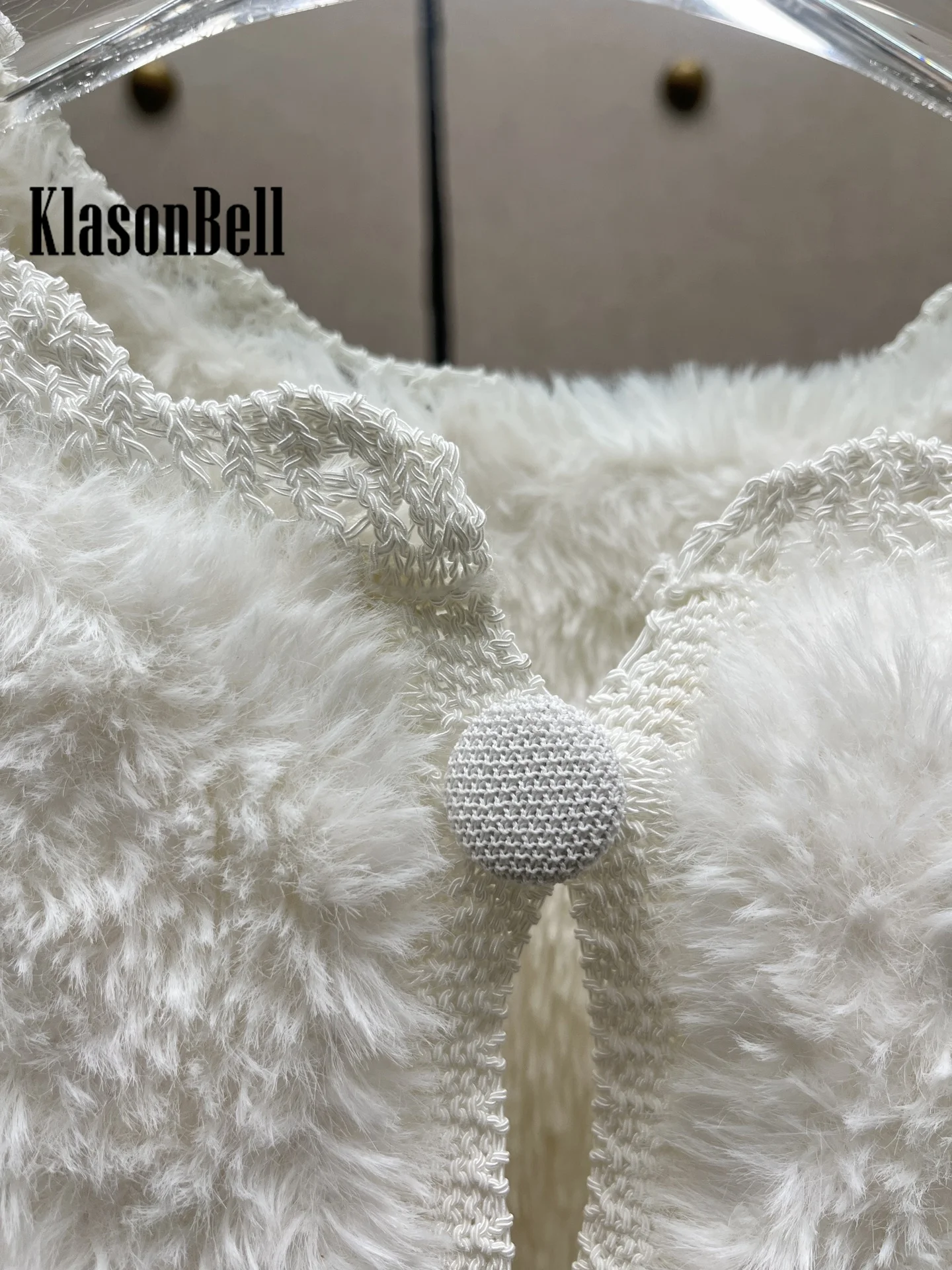 7.29 KlasonBell Women Hand Crochet Knit Single Breasted Crop Plush Coat O-Neck Long Sleeve Temperament White Cardigan