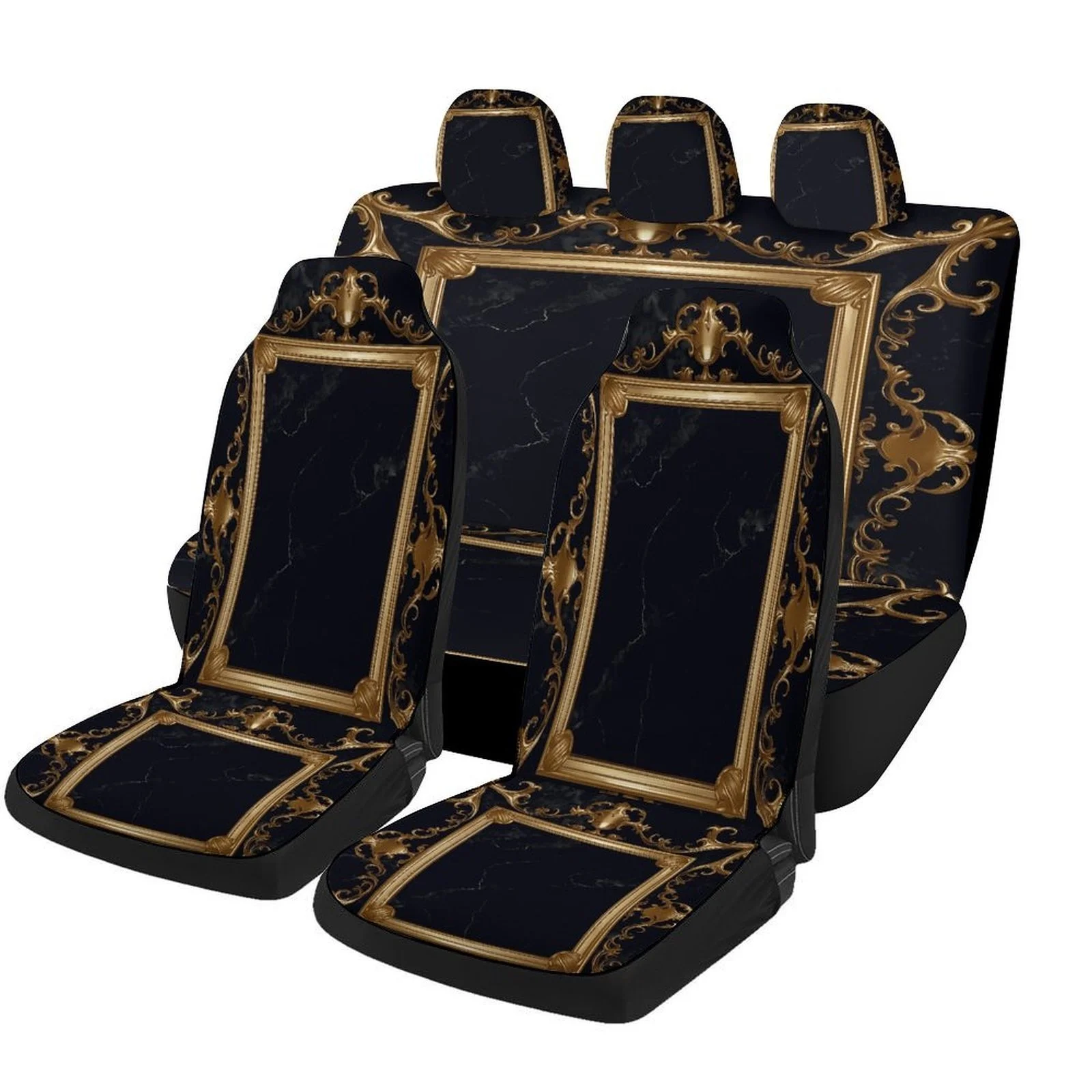 Set Of Car Seat Covers Featuring A Golden Ornate Border, Suitable For Various Vehicles. These Trendy And Decorative Covers Provi