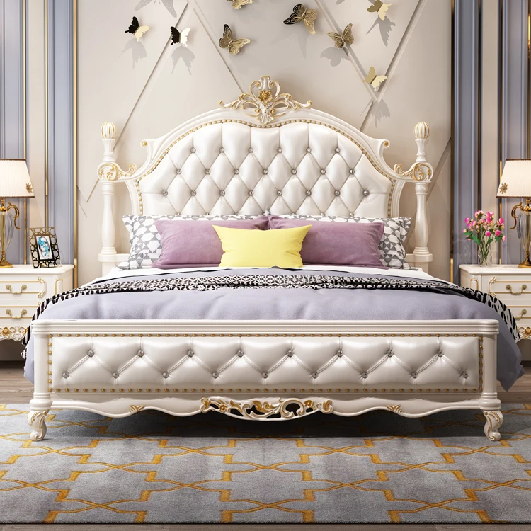 

Wooden Hand Carved European Style Fancy Bedroom Furniture White King Bed for Luxury